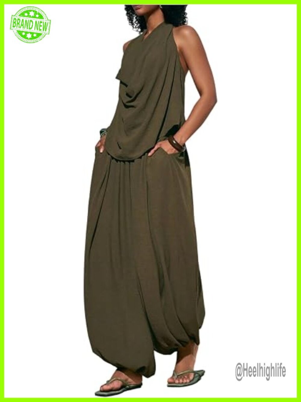 2 Piece Sets Boho Draped Front Halter Tops Wide Leg Pants Resort Wear Vacation